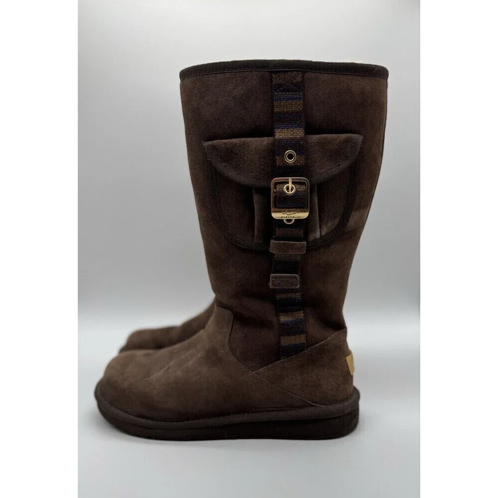 UGG Australia Women’s Brown Suede Cargo Tall Zip Sheepskin Boots SIZE 8